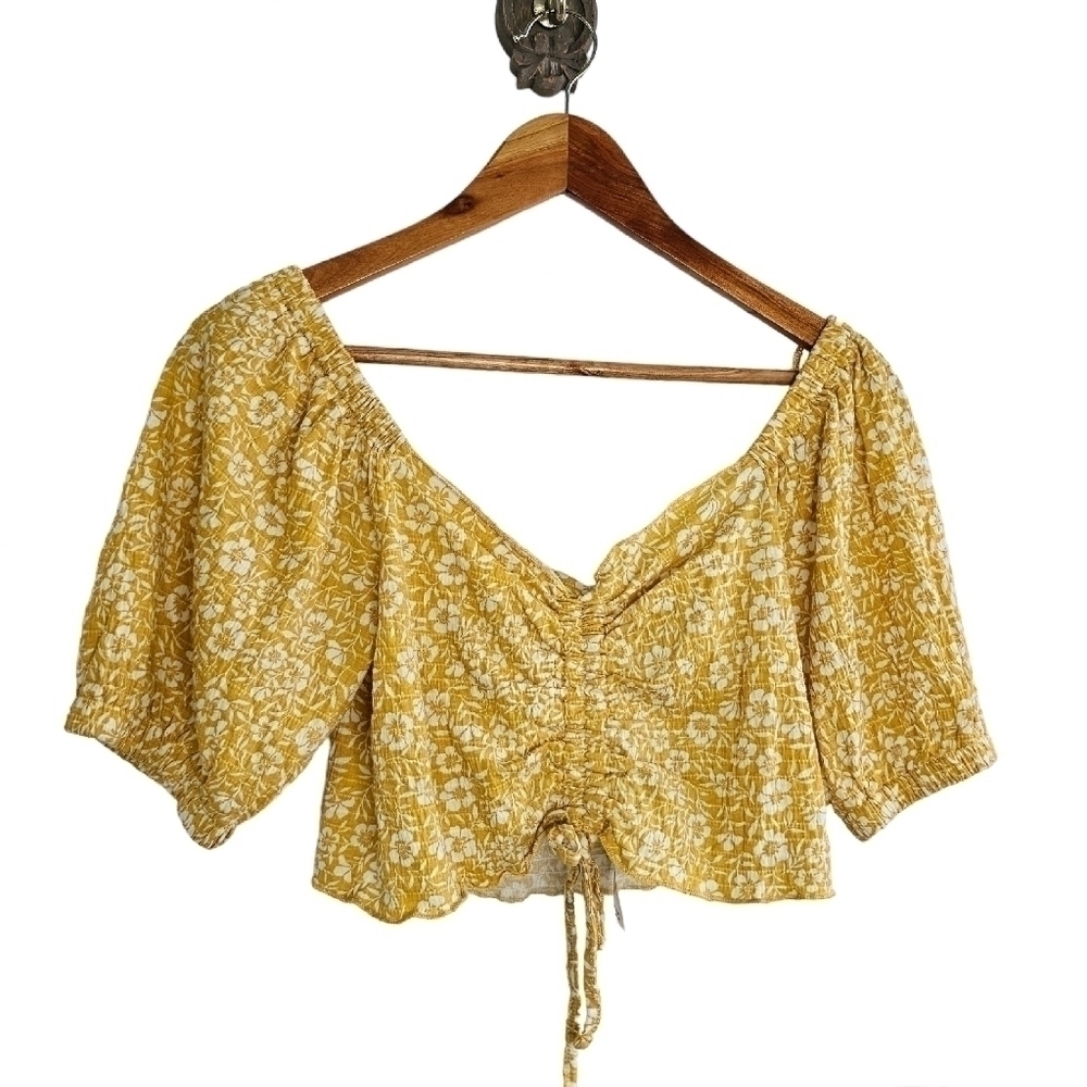 Bohemian floral milkmaid white and mustard  puffy sleeves crop top size XL